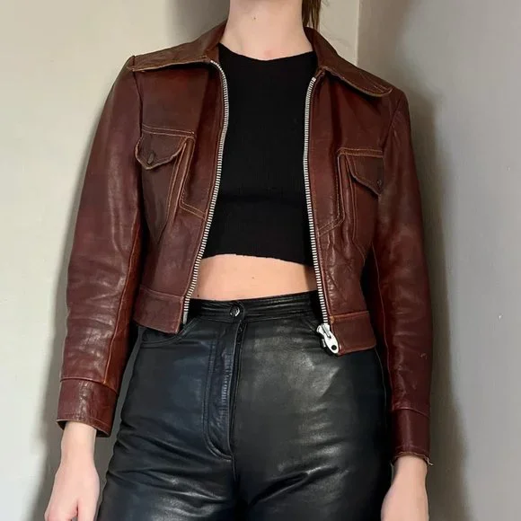 Iconic 70s Brown Leather Bomber Jacket - Picture 6 of 12